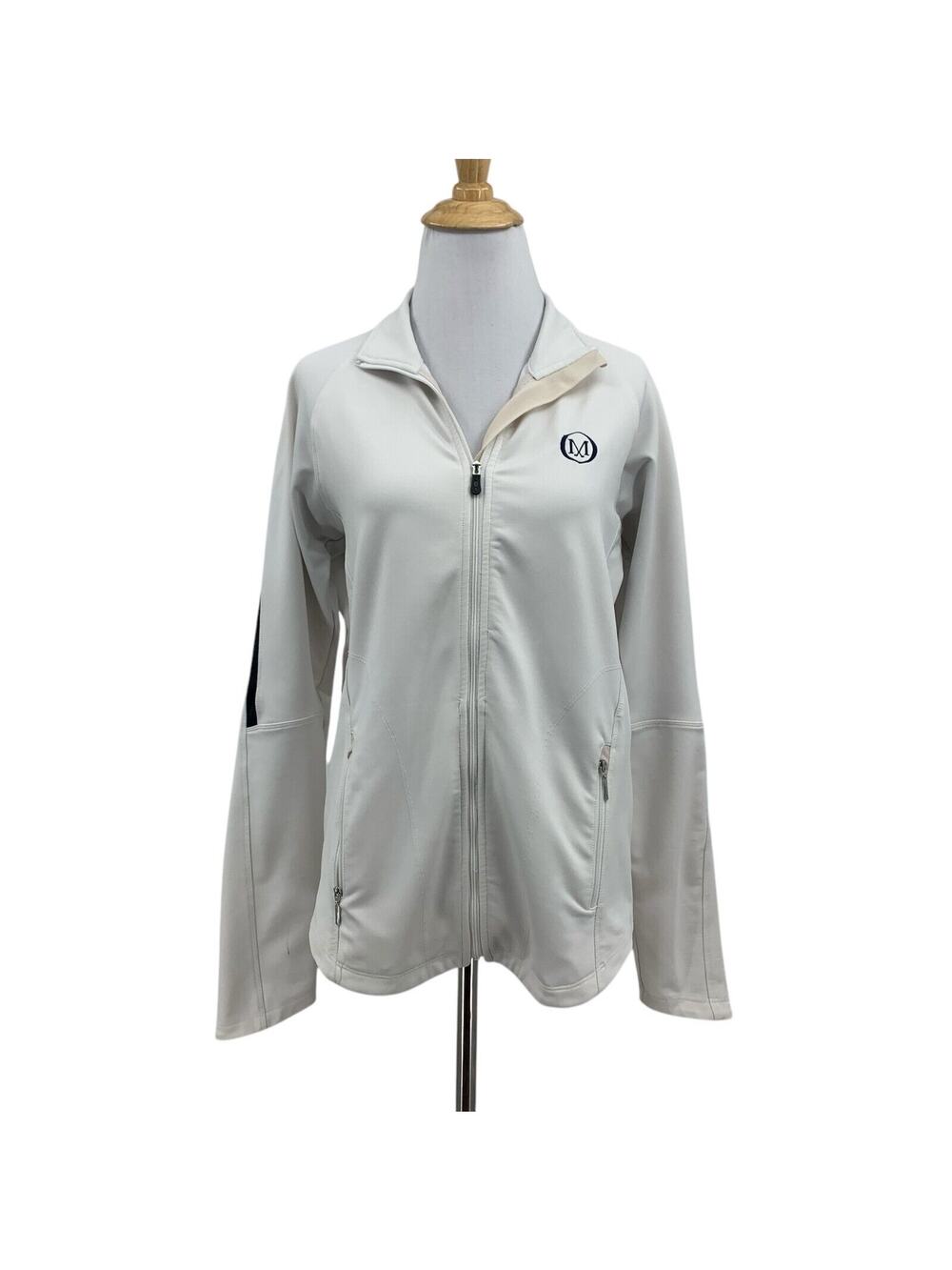 Straight Down Jacket Womens M Medium White Full Zip Pockets *M Logo Embroidered